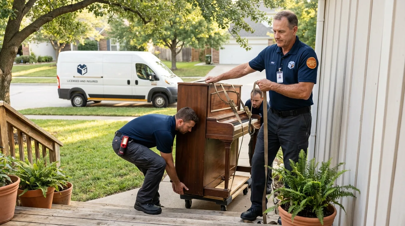 Licensed piano movers securing grand piano in Cadiz, KY
